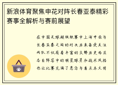 新浪体育聚焦申花对阵长春亚泰精彩赛事全解析与赛前展望